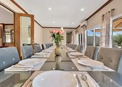 Common dining room at Palm Springs location of BTC women only Wellness Retreat